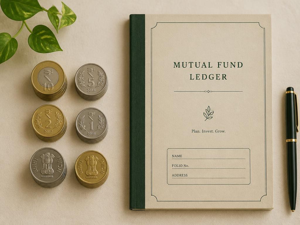 Stacked Indian coins beside a printed mutual fund ledger on warm paper